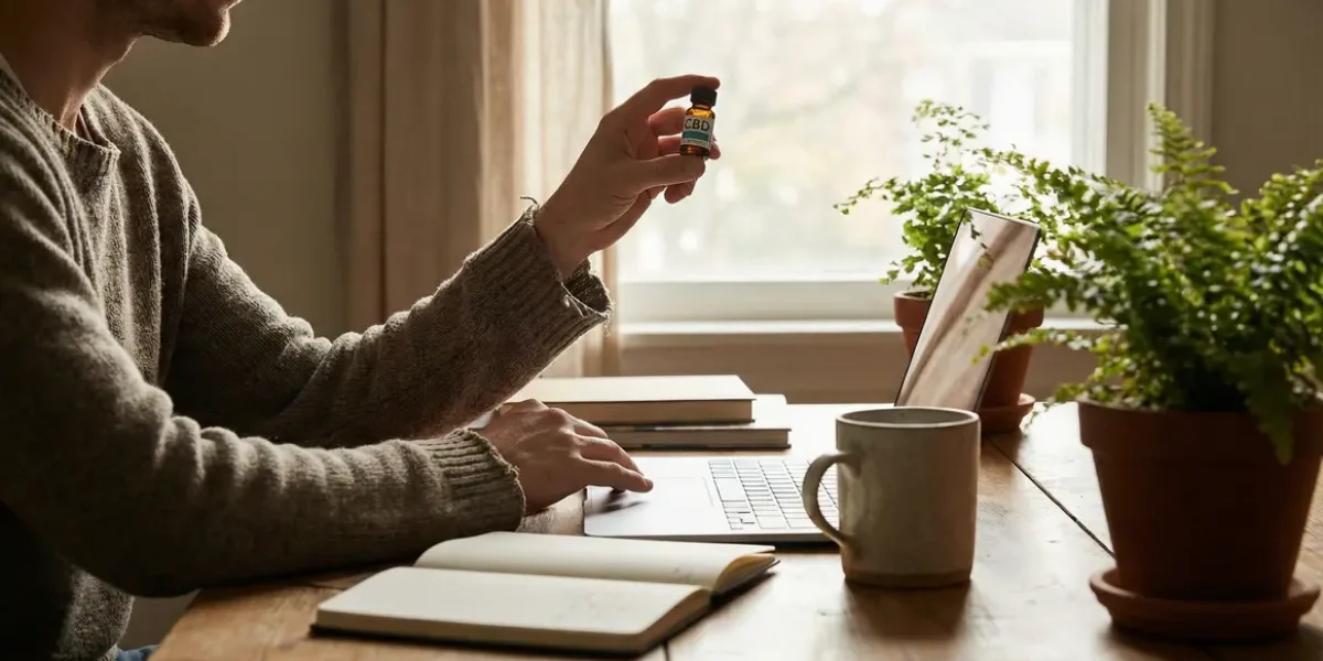 Personne bureau fiole huile CBD gestion anxiété