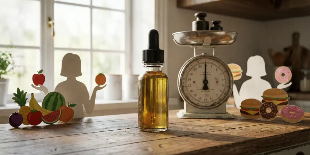 Flacon huile CBD équilibre alimentaire balance info