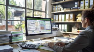 formation gestionnaire de paie : illustration d'un gestionnaire de paie travaillant à son bureau avec des documents et un ordinateur