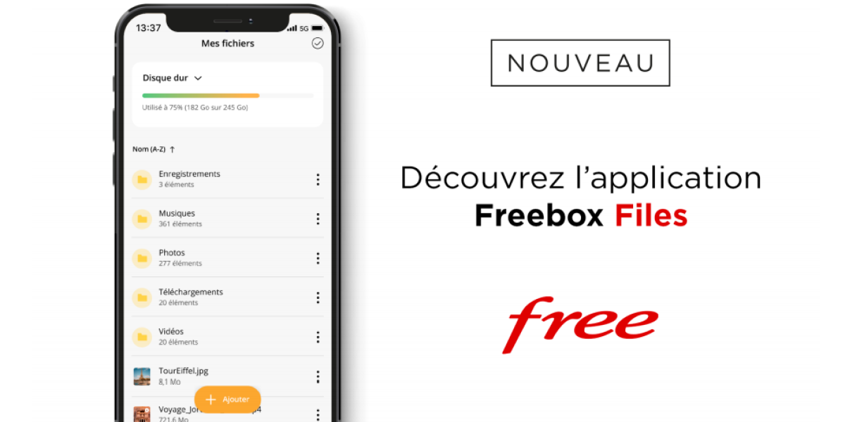 Freebox Files : interface de l'application Freebox Files affichée sur un smartphone