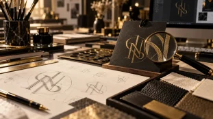 Logo marque de luxe noir et doré sur étiquette en atelier de mode