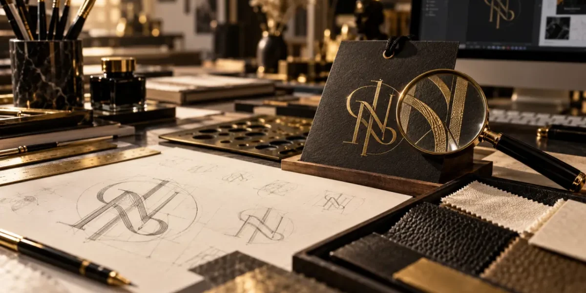 Logo marque de luxe noir et doré sur étiquette en atelier de mode