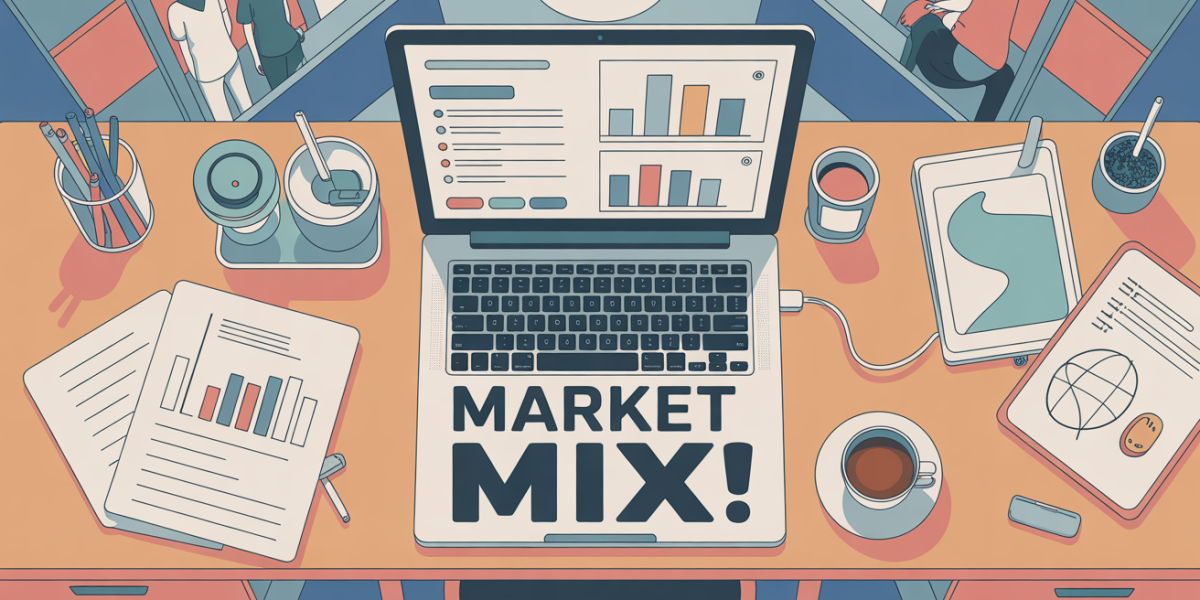 bureau avec ordinateur cafe et titre market mix