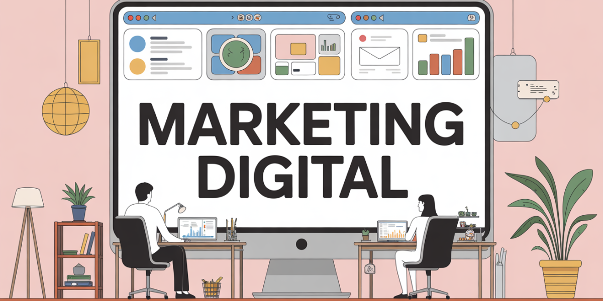 Écran coworking affichant marketing digital et outils acquisition clients