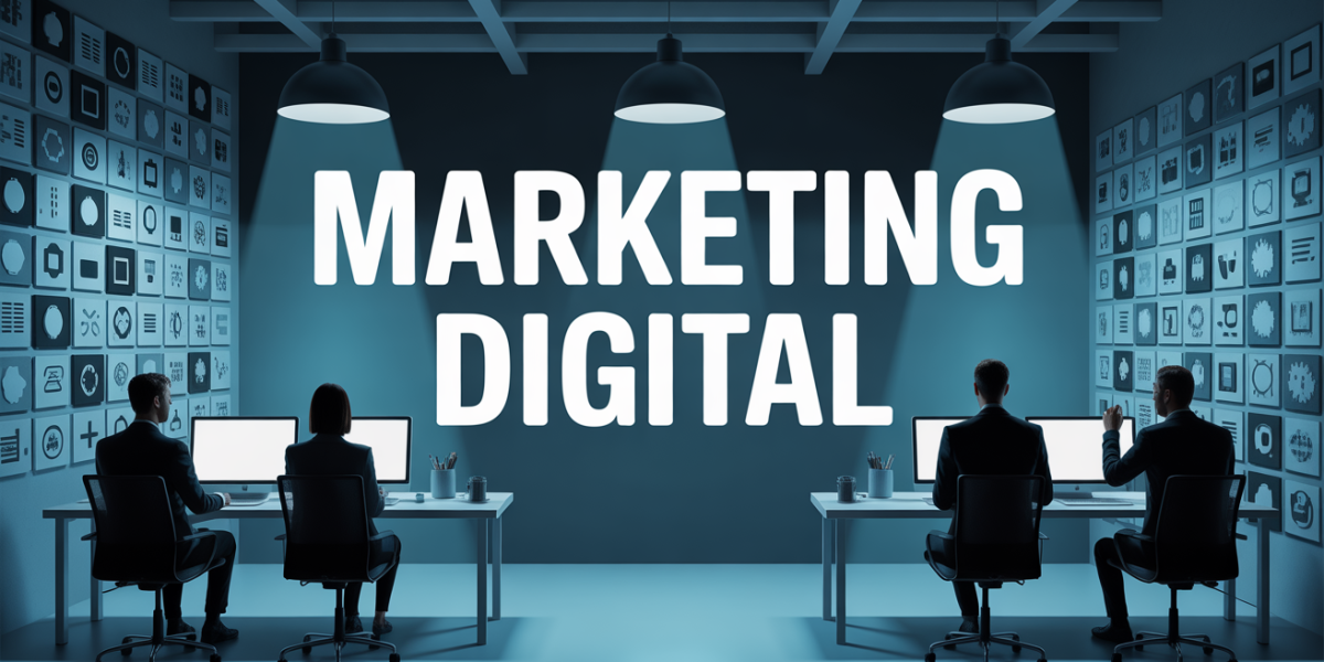 marketing digital, silhouettes autour ordinateurs, bureau icones