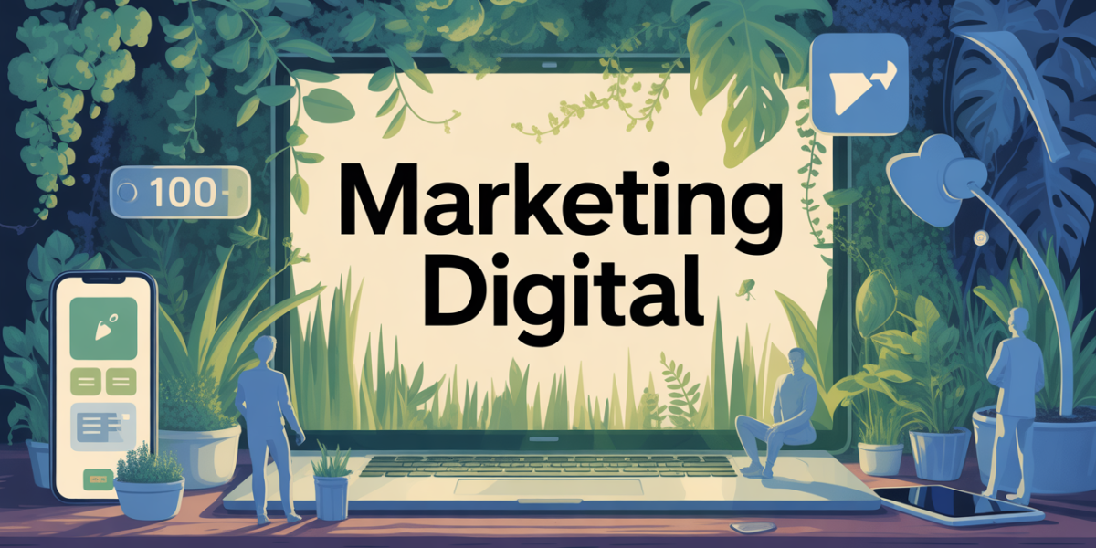 Scène de jardin digital marketing pour PME horticole avec outils numériques