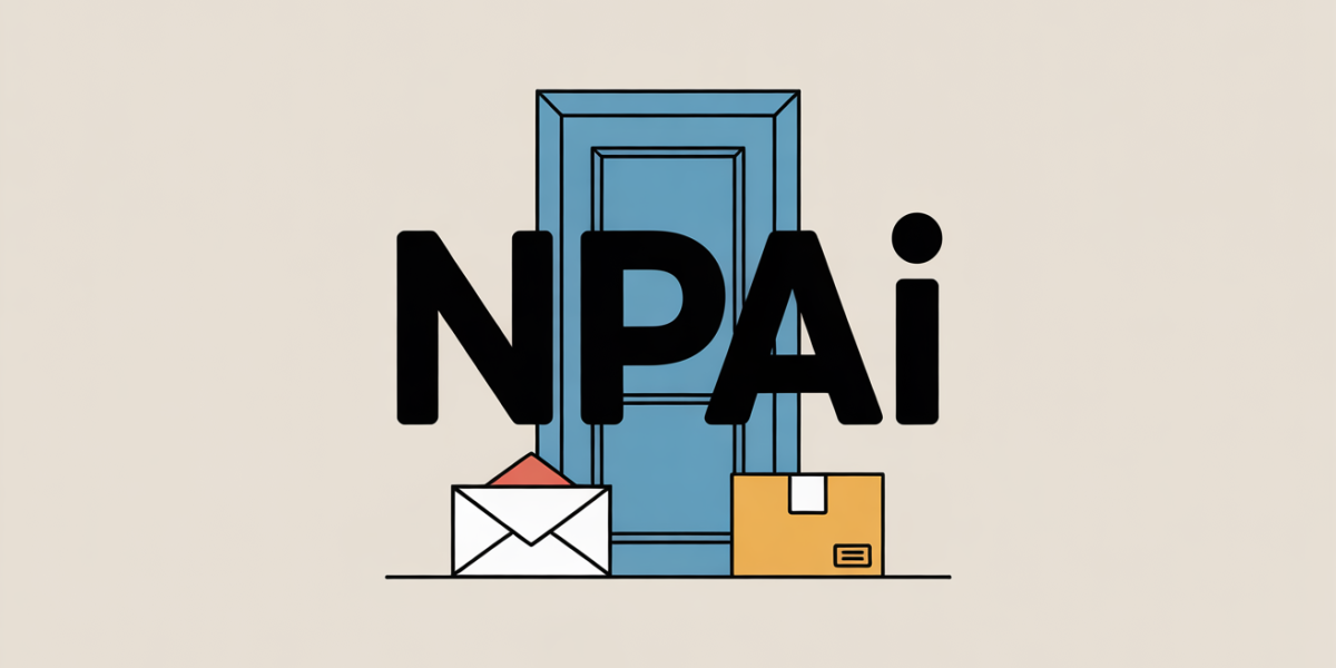 Image enveloppe et colis NPAI devant une porte