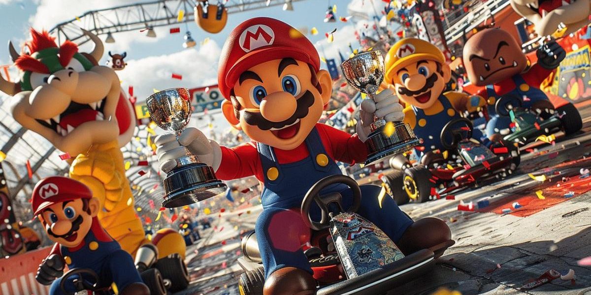Mario Kart World : affiche du jeu avec personnages emblématiques et nouveaux pilotes