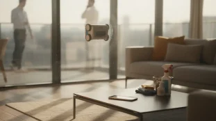 robot lave-vitre en action sur grande baie vitree