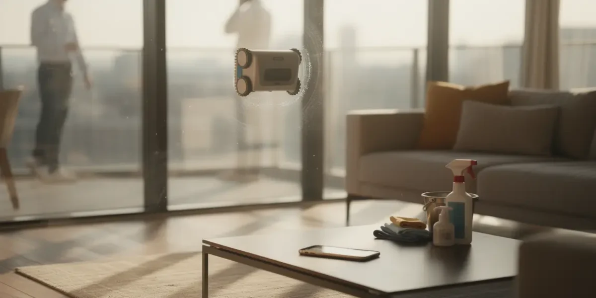 robot lave-vitre en action sur grande baie vitree