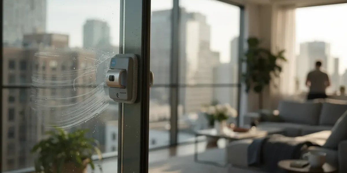 robot lave-vitres automatique nettoie baie vitrée moderne vue urbaine