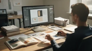 Ordinateur avec Scribus ouvert sur bureau moderne