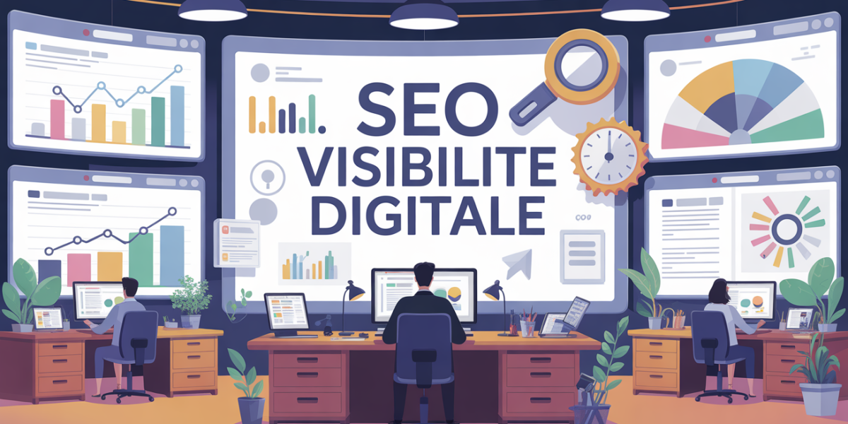 Bureau moderne avec équipe travaillant sur des outils SEO, graphiques visibilite digitale