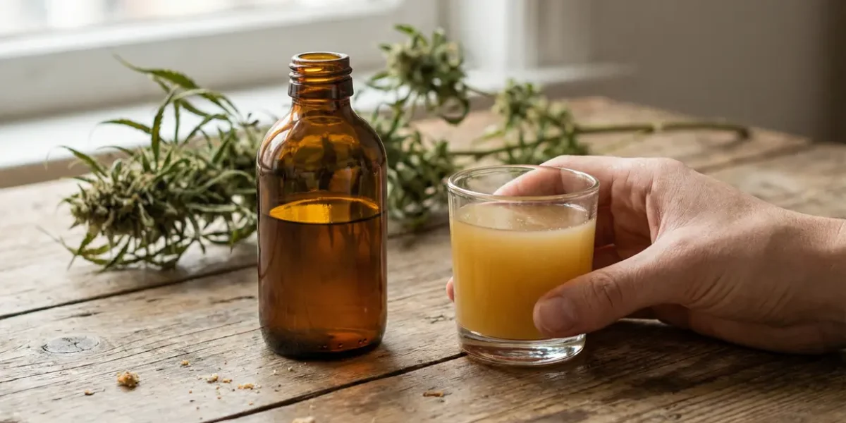 Bouteille de sirop de CBD sur table bois verre doseur branche chanvre