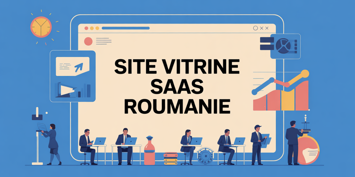 Illustration site vitrine SaaS en Roumanie ordinateur et icônes performance