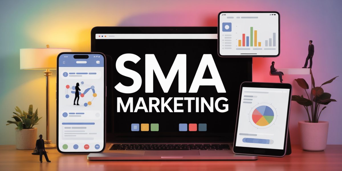 Illustration SMA marketing avec smartphone ordinateur interactions et graphiques