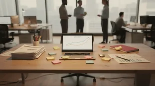 strategie go to market table travail avec ordinateur et documents