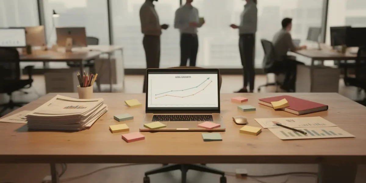 strategie go to market table travail avec ordinateur et documents