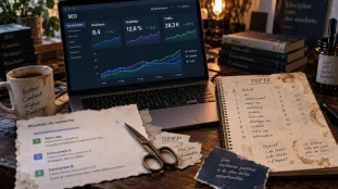 Suivi des positions SEO sur tableau de rankings, courbes et SERP