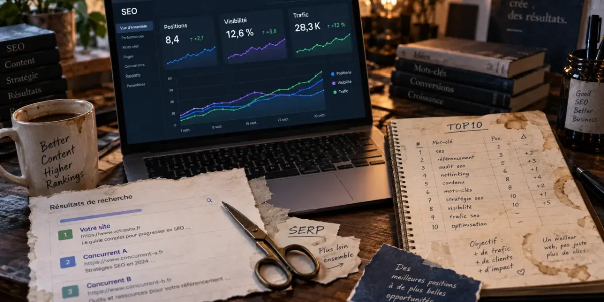 Suivi des positions SEO sur tableau de rankings, courbes et SERP