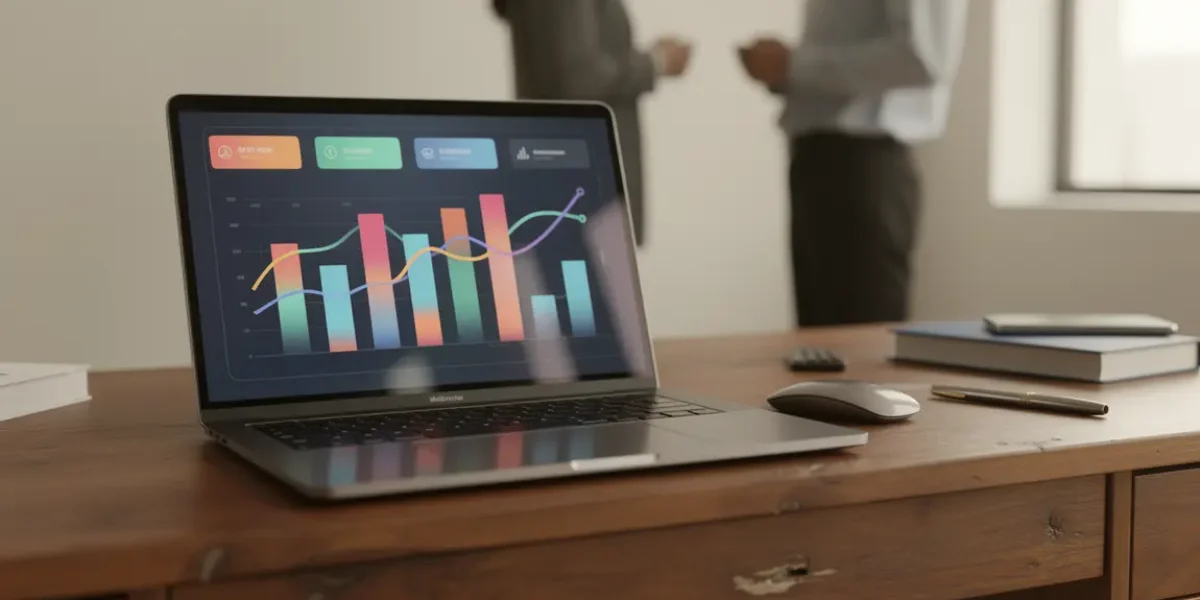 Ordinateur portable affichant des KPI marketing digital sur écran