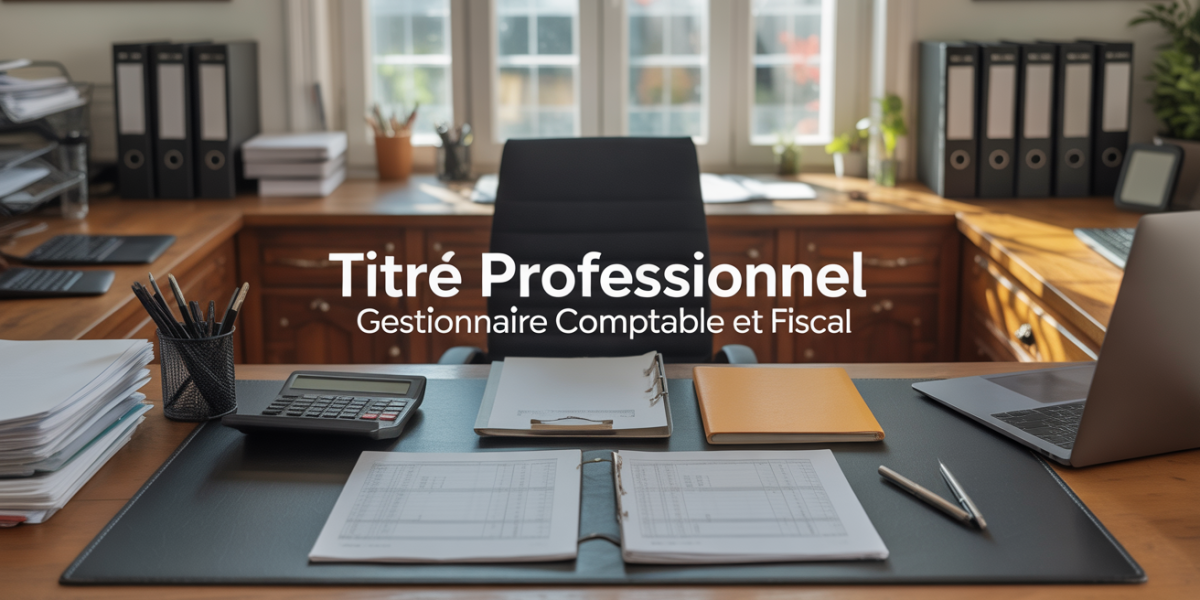 Bureau organisé avec calculatrice et feuilles, titre professionnel gestionnaire comptable et fiscal