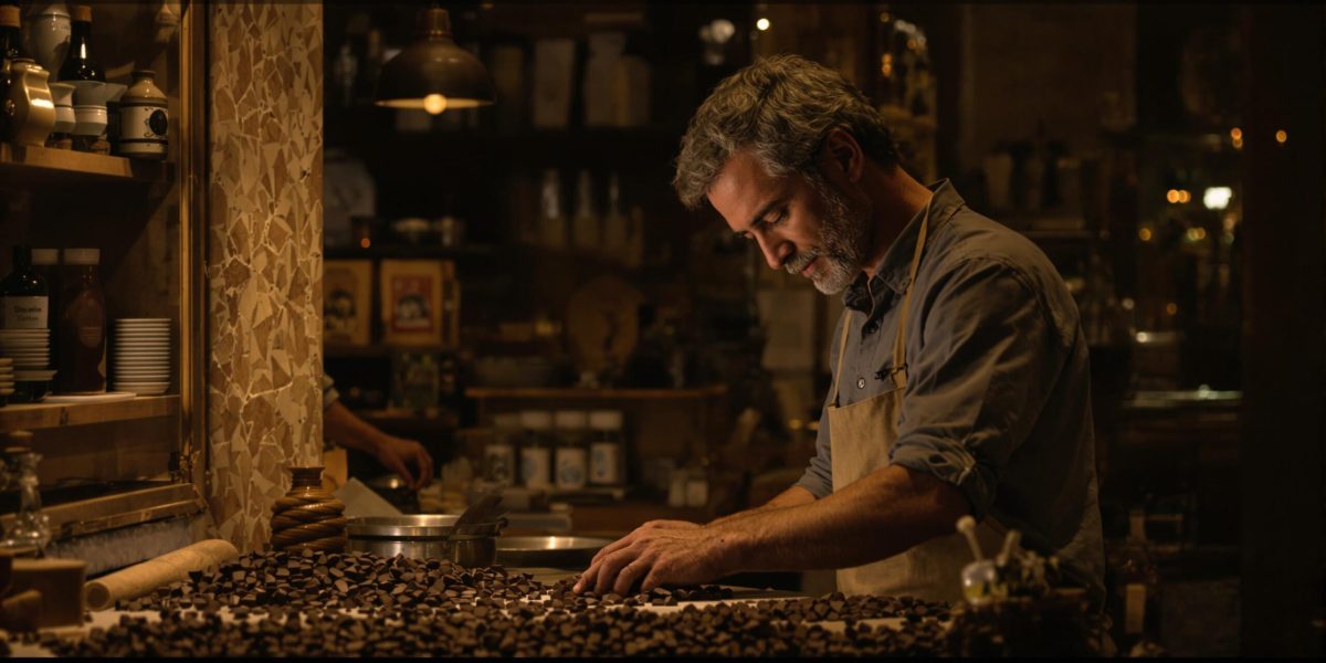 Haunted Chocolatier : illustration pixel-art d'une chocolaterie mystérieuse et hantée